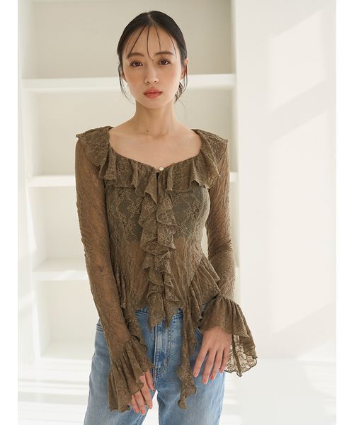 SNIDEL(スナイデル)の「カットレースフリルプルオーバー(Tシャツ/カットソー・レディース・カーキ/アイボリー/ピンク・F)」の1枚目の写真