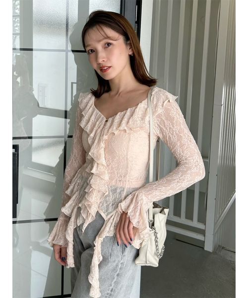 SNIDEL(スナイデル)の「カットレースフリルプルオーバー(Tシャツ/カットソー・レディース・カーキ/アイボリー/ピンク・F)」の3枚目の写真