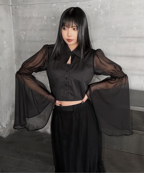 LVEU.(ラブユ.)の「【LVEU.】シアースリーブコルセットシャツ / トップス シャツ シアー シースルー フレアカラー クロップド ショート コルセット風 ブラック モード(シャツ/ブラウス・レディース・ブラック・FREE)」の5枚目の写真