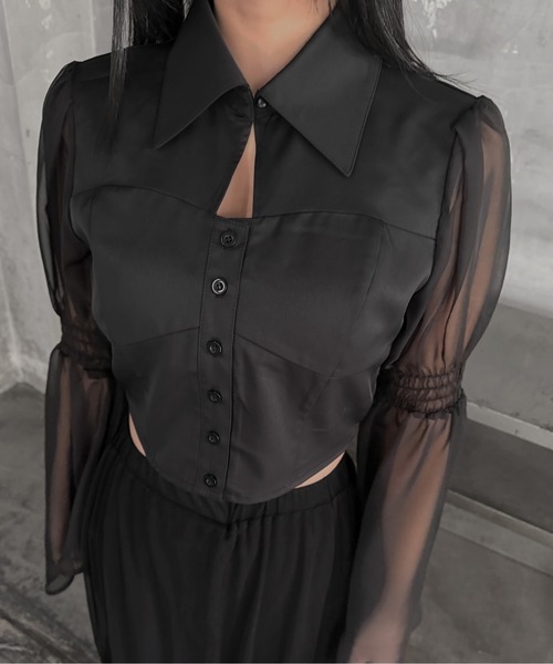 LVEU.(ラブユ.)の「【LVEU.】シアースリーブコルセットシャツ / トップス シャツ シアー シースルー フレアカラー クロップド ショート コルセット風 ブラック モード(シャツ/ブラウス・レディース・ブラック・FREE)」の7枚目の写真