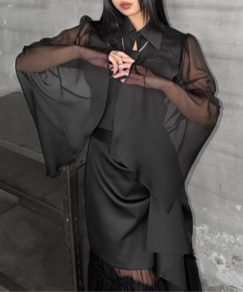 LVEU.(ラブユ.)の「【LVEU.】シアースリーブコルセットシャツ / トップス シャツ シアー シースルー フレアカラー クロップド ショート コルセット風 ブラック モード(シャツ/ブラウス・レディース・ブラック・FREE)」の16枚目の写真