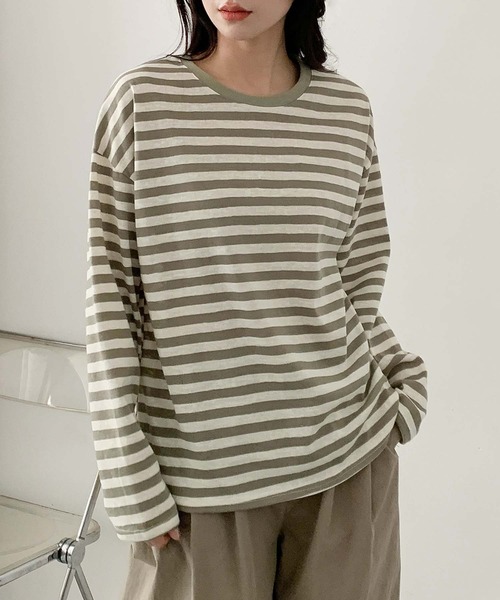 LOWO(ロワ)の「綿混 ボーダーカットソー 長袖 きれいめ(Tシャツ/カットソー・レディース・カーキ/ブラック/グレー/ブラウン/ネイビー・FREE)」の1枚目の写真