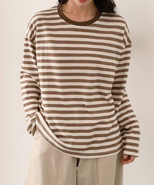 LOWO(ロワ)の「綿混 ボーダーカットソー 長袖 きれいめ(Tシャツ/カットソー・レディース・カーキ/ブラック/グレー/ブラウン/ネイビー・FREE)」の19枚目の写真