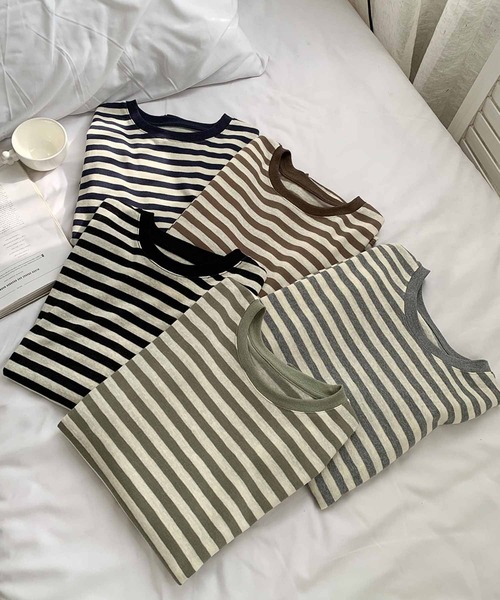 LOWO(ロワ)の「綿混 ボーダーカットソー 長袖 きれいめ(Tシャツ/カットソー・レディース・カーキ/ブラック/グレー/ブラウン/ネイビー・FREE)」の20枚目の写真