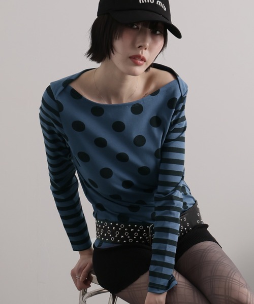 Ulysses(ユリシス)の「ドット×ボーダー長袖カットソー(Tシャツ/カットソー・レディース・ホワイト/ブルー・S/M)」の1枚目の写真