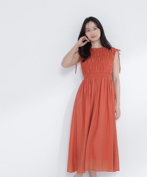 NATURAL BEAUTY BASIC(ナチュラルビューティーベーシック)の「◇シアーチェックギャザーワンピース(ワンピース・レディース・オレンジ/イエロー/ブラック・P/S/MEDIUM)」の8枚目の写真