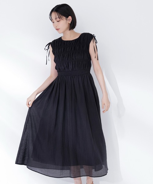 NATURAL BEAUTY BASIC(ナチュラルビューティーベーシック)の「◇シアーチェックギャザーワンピース(ワンピース・レディース・オレンジ/イエロー/ブラック・P/S/MEDIUM)」の4枚目の写真