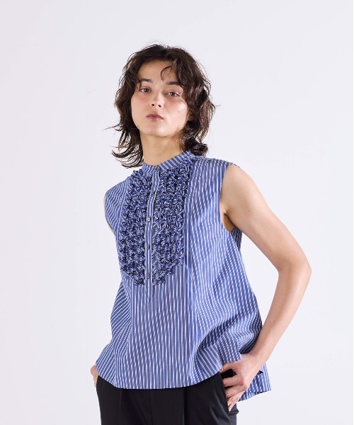 Marilyn Moon（マリリンムーン）の「modern tuck frill flare blouse（シャツ/ブラウス・レディース・ピンク/ホワイト/ブルー系その他/ライトブルー/ホワイト×ブルー・FREE）」の6枚目の写真