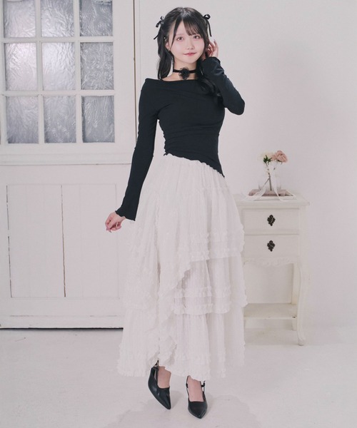 DearMyLoveRose(ディアマイラブローズ)の「シアードットアシメフリルロングスカート【大きいサイズ有り】(スカート・レディース・ホワイト/ブラック・LL~3L/M-L)」の9枚目の写真