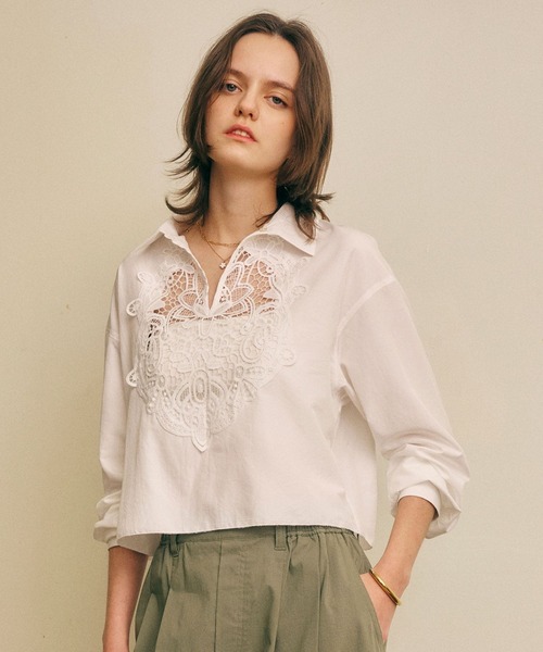 BAYFLOW（ベイフロー）の「[トレンドレースデザイン]スキッパーレースシャツ（シャツ/ブラウス・レディース・オフホワイト/ブラック・FREE）」の4枚目の写真