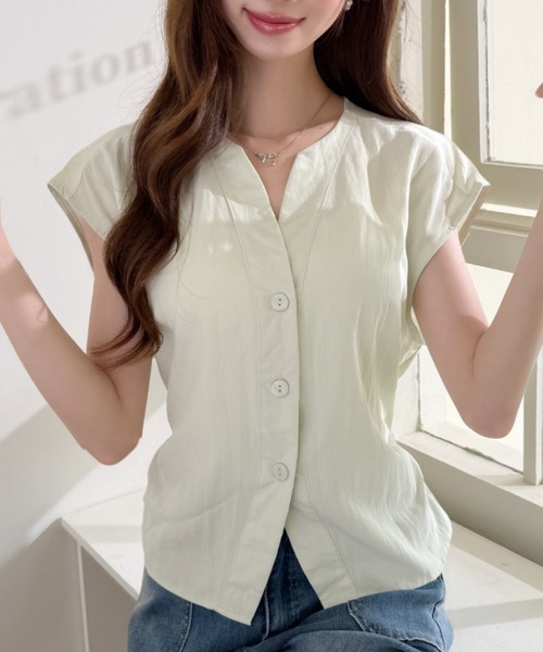 Ada.(エイダ)の「フロントボタン シンプル フレンチスリーブ Vネック ブラウス(シャツ/ブラウス・レディース・イエロー/ホワイト/グリーン・FREE)」の9枚目の写真
