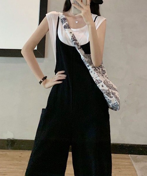 mielu(ミエル)の「ワイドキャミサロペット(サロペット/オーバーオール・レディース・ベージュ/ブラック・LARGE/MEDIUM)」の9枚目の写真
