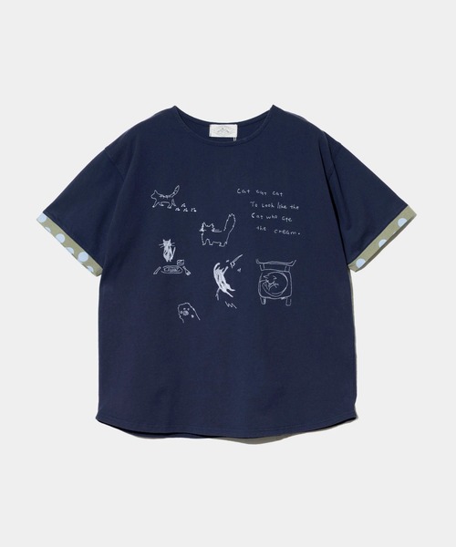 go slow caravan(ゴースローキャラバン)の「JUICY/ジューシー 袖ドットPT ネコ刺繍 TEE(Tシャツ/カットソー・レディース・ホワイト/ネイビー・FREE)」の1枚目の写真