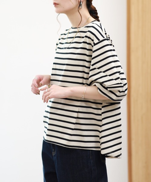 EGLANTINE(エグランティーヌ)の「EGLANTINE 接触冷感 バルーンスリーブカットソー 半端袖(Tシャツ/カットソー・レディース・ブラウン系/ブラック×ホワイト/オフホワイト/ネイビー・38)」の21枚目の写真