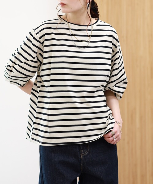 EGLANTINE(エグランティーヌ)の「EGLANTINE 接触冷感 バルーンスリーブカットソー 半端袖(Tシャツ/カットソー・レディース・ブラウン系/ブラック×ホワイト/オフホワイト/ネイビー・38)」の13枚目の写真