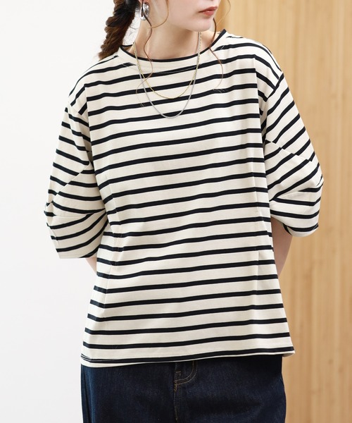EGLANTINE(エグランティーヌ)の「EGLANTINE 接触冷感 バルーンスリーブカットソー 半端袖(Tシャツ/カットソー・レディース・ブラウン系/ブラック×ホワイト/オフホワイト/ネイビー・38)」の14枚目の写真