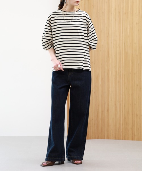 EGLANTINE(エグランティーヌ)の「EGLANTINE 接触冷感 バルーンスリーブカットソー 半端袖(Tシャツ/カットソー・レディース・ブラウン系/ブラック×ホワイト/オフホワイト/ネイビー・38)」の15枚目の写真