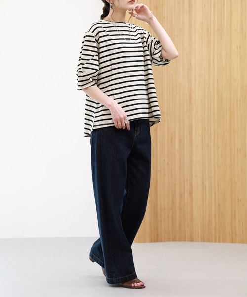 EGLANTINE(エグランティーヌ)の「EGLANTINE 接触冷感 バルーンスリーブカットソー 半端袖(Tシャツ/カットソー・レディース・ブラウン系/ブラック×ホワイト/オフホワイト/ネイビー・38)」の16枚目の写真