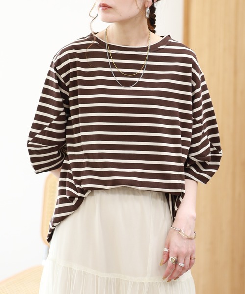 EGLANTINE(エグランティーヌ)の「EGLANTINE 接触冷感 バルーンスリーブカットソー 半端袖(Tシャツ/カットソー・レディース・ブラウン系/ブラック×ホワイト/オフホワイト/ネイビー・38)」の17枚目の写真