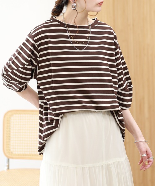 EGLANTINE(エグランティーヌ)の「EGLANTINE 接触冷感 バルーンスリーブカットソー 半端袖(Tシャツ/カットソー・レディース・ブラウン系/ブラック×ホワイト/オフホワイト/ネイビー・38)」の18枚目の写真