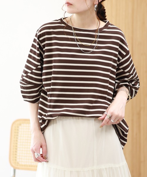 EGLANTINE(エグランティーヌ)の「EGLANTINE 接触冷感 バルーンスリーブカットソー 半端袖(Tシャツ/カットソー・レディース・ブラウン系/ブラック×ホワイト/オフホワイト/ネイビー・38)」の7枚目の写真