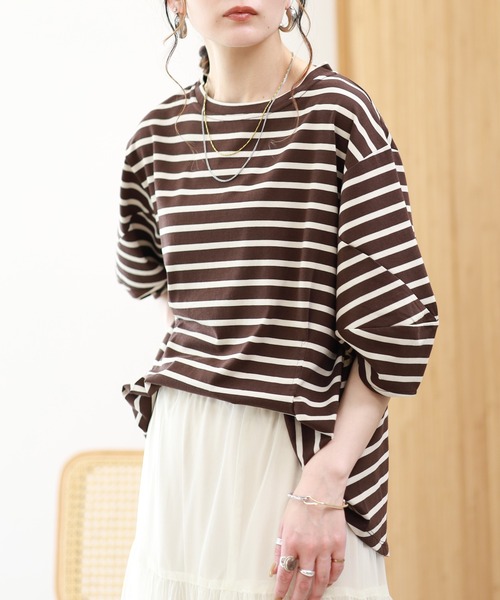 EGLANTINE(エグランティーヌ)の「EGLANTINE 接触冷感 バルーンスリーブカットソー 半端袖(Tシャツ/カットソー・レディース・ブラウン系/ブラック×ホワイト/オフホワイト/ネイビー・38)」の8枚目の写真
