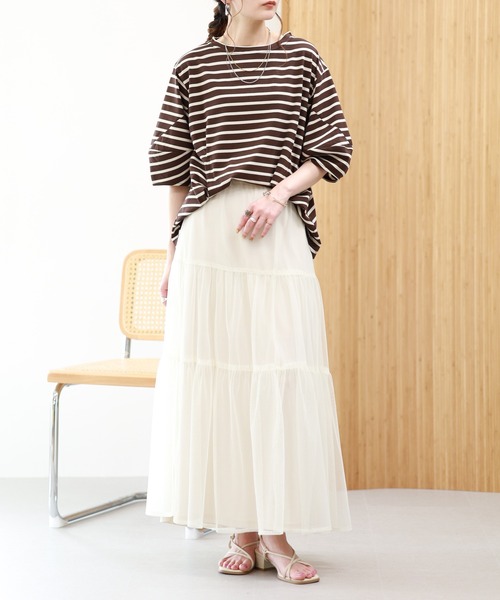 EGLANTINE(エグランティーヌ)の「EGLANTINE 接触冷感 バルーンスリーブカットソー 半端袖(Tシャツ/カットソー・レディース・ブラウン系/ブラック×ホワイト/オフホワイト/ネイビー・38)」の10枚目の写真