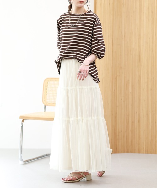 EGLANTINE(エグランティーヌ)の「EGLANTINE 接触冷感 バルーンスリーブカットソー 半端袖(Tシャツ/カットソー・レディース・ブラウン系/ブラック×ホワイト/オフホワイト/ネイビー・38)」の11枚目の写真
