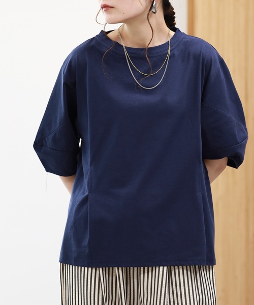 EGLANTINE(エグランティーヌ)の「EGLANTINE 接触冷感 バルーンスリーブカットソー 半端袖(Tシャツ/カットソー・レディース・ブラウン系/ブラック×ホワイト/オフホワイト/ネイビー・38)」の5枚目の写真