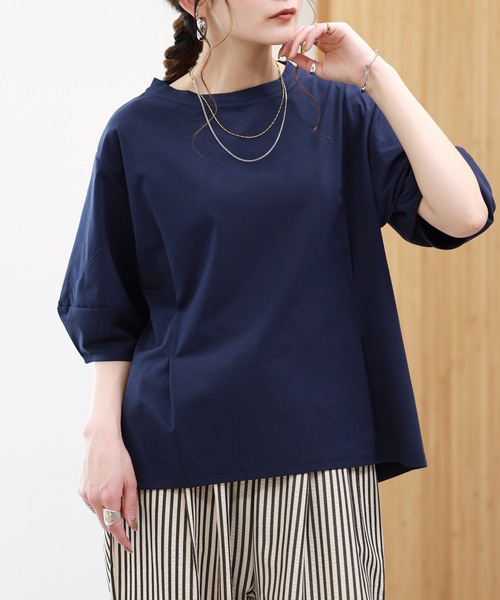 EGLANTINE(エグランティーヌ)の「EGLANTINE 接触冷感 バルーンスリーブカットソー 半端袖(Tシャツ/カットソー・レディース・ブラウン系/ブラック×ホワイト/オフホワイト/ネイビー・38)」の6枚目の写真