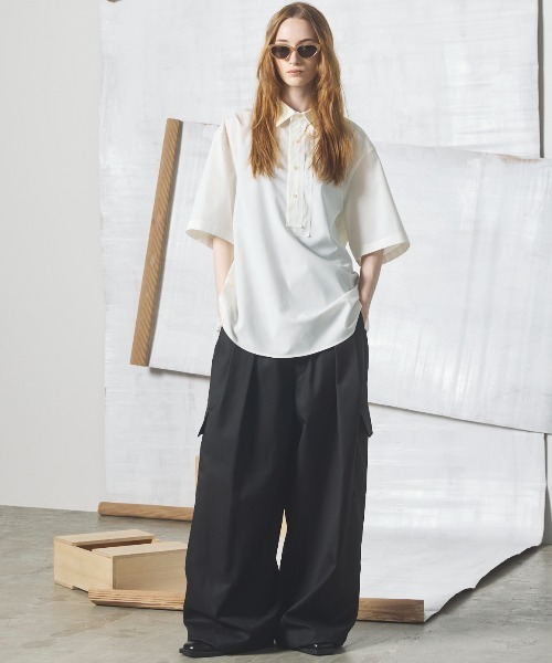 MAISON SPECIAL（メゾンスペシャル）の「《UNISEX》Asymmetric Front Prime-Over Short-sleeve Pullover Shirt/アシンメトリーフロントプライムオーバーショートスリーブプルオーバーシャツ【MAISON SPECIAL/メゾンスペシャル】（シャツ/ブラウス・メンズ・ブラック/ベージュ/ホワイト・2/1/0）」の20枚目の写真