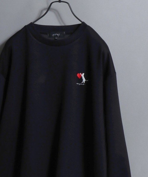 ANPAS(アンパス)の「ANPAS Exclusive Ponte Long-Sleeve Tee with Cat & Heart Embroidery / ANPAS別注 ポンチ ネコハート刺繍ロンT 長袖 ロングスリーブT ねこ 猫 カットソー レディース メンズ ユニセックス オーバーサイズ(Tシャツ/カットソー・メンズ・ホワイト系1/ブラック系1/ホワイト系2/ブラック系2/ホワイト系3/ブラック系3/ホワイト系4/ブラック系4・M/L)」の7枚目の写真