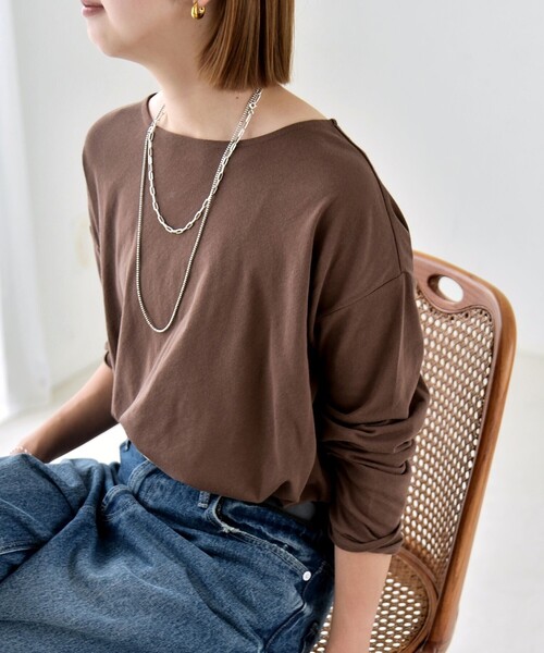 quaranciel(カランシエル)の「quaranciel:〈手洗い可能〉シアー コットン ボートネック ルーズ ロンTEE(Tシャツ/カットソー・レディース・ブラック/オフホワイト/ブラウン・ONE SIZE)」の3枚目の写真