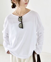 quaranciel:〈手洗い可能〉シアー コットン ボートネック ルーズ ロンTEE