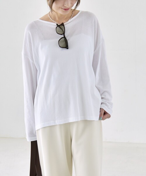 quaranciel(カランシエル)の「quaranciel:〈手洗い可能〉シアー コットン ボートネック ルーズ ロンTEE(Tシャツ/カットソー・レディース・ブラック/オフホワイト/ブラウン・ONE SIZE)」の11枚目の写真