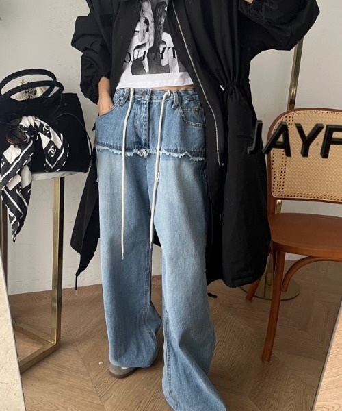 CHUN CHUN NOTES(チュンチュンノーツ)の「26SS/レイヤード風フリンジワイドデニムパンツ(デニムパンツ・レディース・ブルー/ブラック・S/L/M)」の11枚目の写真