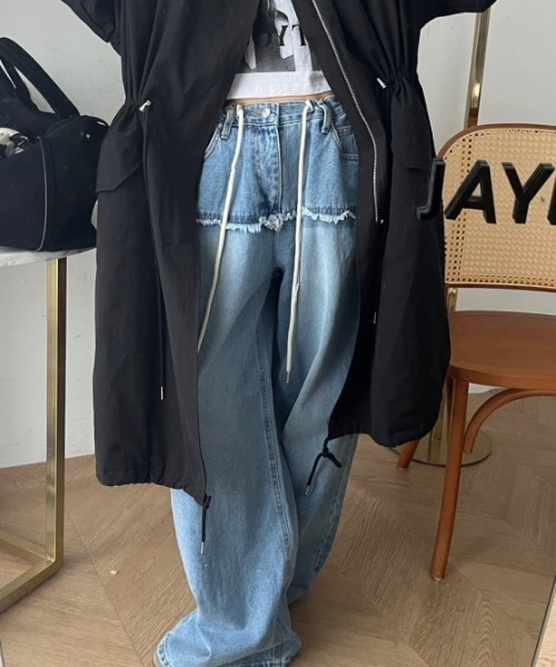 CHUN CHUN NOTES(チュンチュンノーツ)の「26SS/レイヤード風フリンジワイドデニムパンツ(デニムパンツ・レディース・ブルー/ブラック・S/L/M)」の12枚目の写真