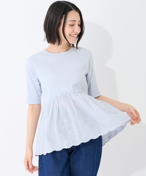 petit main LIEN(プティマインリアン)の「【リンク/接触冷感】レースドッキングT(Tシャツ/カットソー・レディース・ターコイズブルー/チャコール・F)」の1枚目の写真
