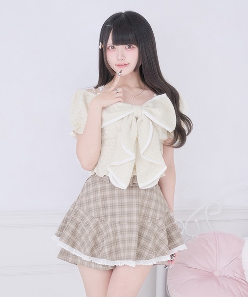 Pal elfy(パルエルフィー)の「きらきらツイードリボントップス(シャツ/ブラウス・レディース・ピンク/オフホワイト/ブルー・フリー)」の2枚目の写真