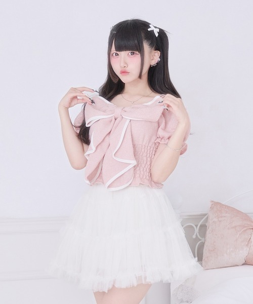 Pal elfy(パルエルフィー)の「きらきらツイードリボントップス(シャツ/ブラウス・レディース・ピンク/オフホワイト/ブルー・フリー)」の10枚目の写真