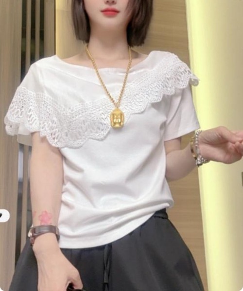 I.O.E（アイオイ）の「【韓国トレンド】レースフリルデザイン ボートネック半袖トップス（Tシャツ/カットソー・レディース・ホワイト/ブラック・FREE）」の13枚目の写真