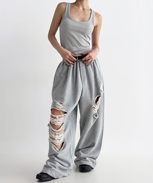 NOWLE(ノウル)の「【NOWLE】クラッシュ ダメージ ルーズ スウェットパンツ / ヴィンテージストリート ボトムス(スウェットパンツ・メンズ・ブラック/グレー・SMALL/MEDIUM/LARGE/X-LARGE)」の3枚目の写真