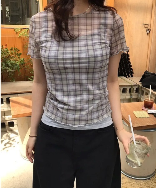 almo（アルモ）の「【TUNE】半袖チェック柄カットソー（Tシャツ/カットソー・レディース・ベージュ/グレー・FREE）」の5枚目の写真