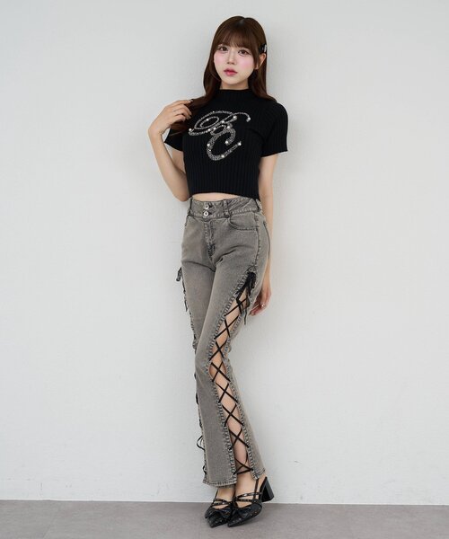 Belle Charme(ベルシャルム)の「【Belle Charme】BC Bijou Logo Rib Knit(ニット/セーター・レディース・ピンク/ブラック/ベージュ/アイボリー・FREE)」の12枚目の写真