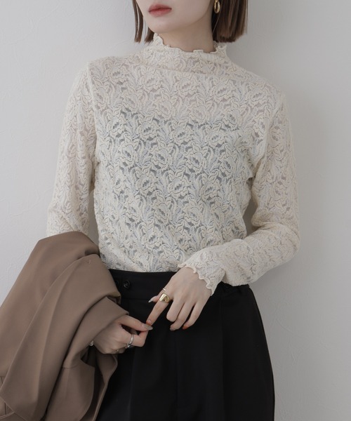 BRODIAEA(ブローディア)の「BRODIAEA 総レースハイネックストレッチプルオーバー 長袖(Tシャツ/カットソー・レディース・ピンク/ブラック/ワインレッド/アイボリー・40)」の1枚目の写真