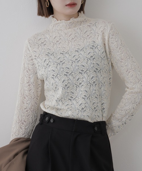 BRODIAEA(ブローディア)の「BRODIAEA 総レースハイネックストレッチプルオーバー 長袖(Tシャツ/カットソー・レディース・ピンク/ブラック/ワインレッド/アイボリー・40)」の5枚目の写真