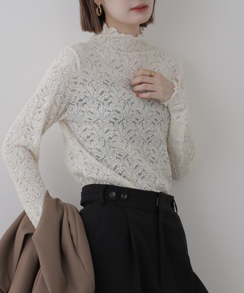 BRODIAEA(ブローディア)の「BRODIAEA 総レースハイネックストレッチプルオーバー 長袖(Tシャツ/カットソー・レディース・ピンク/ブラック/ワインレッド/アイボリー・40)」の6枚目の写真