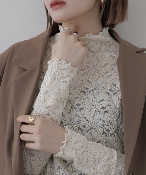 BRODIAEA(ブローディア)の「BRODIAEA 総レースハイネックストレッチプルオーバー 長袖(Tシャツ/カットソー・レディース・ピンク/ブラック/ワインレッド/アイボリー・40)」の8枚目の写真