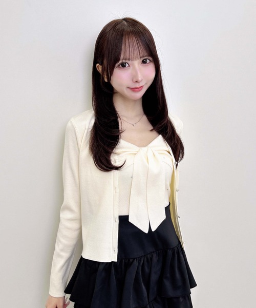 INGNI(イング)の「【WEB限定】リボンキャミ+ニットカーディガン/セット(アンサンブル・レディース・ピンク/ブラック/アイボリー・M)」の2枚目の写真