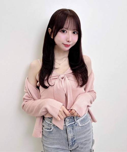 INGNI(イング)の「【WEB限定】リボンキャミ+ニットカーディガン/セット(アンサンブル・レディース・ピンク/ブラック/アイボリー・M)」の4枚目の写真